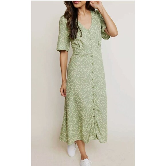 Able Midi Dress Women’s L Green Floral Button Front Boho Vintage 90s NWT - Picture 1 of 9